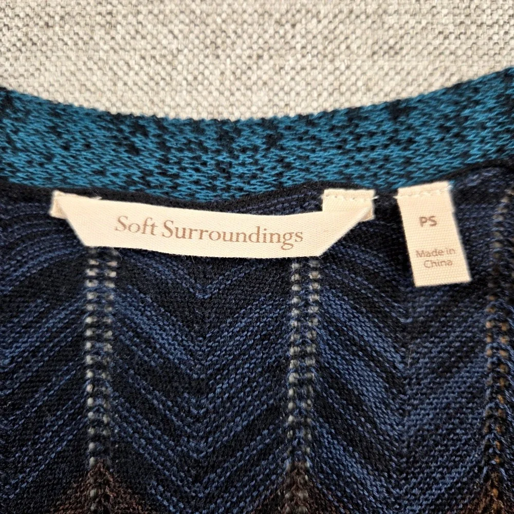 Soft Surroundings Brown & Blue Chevron Long Open Cardigan‎ Women's Petite Small
